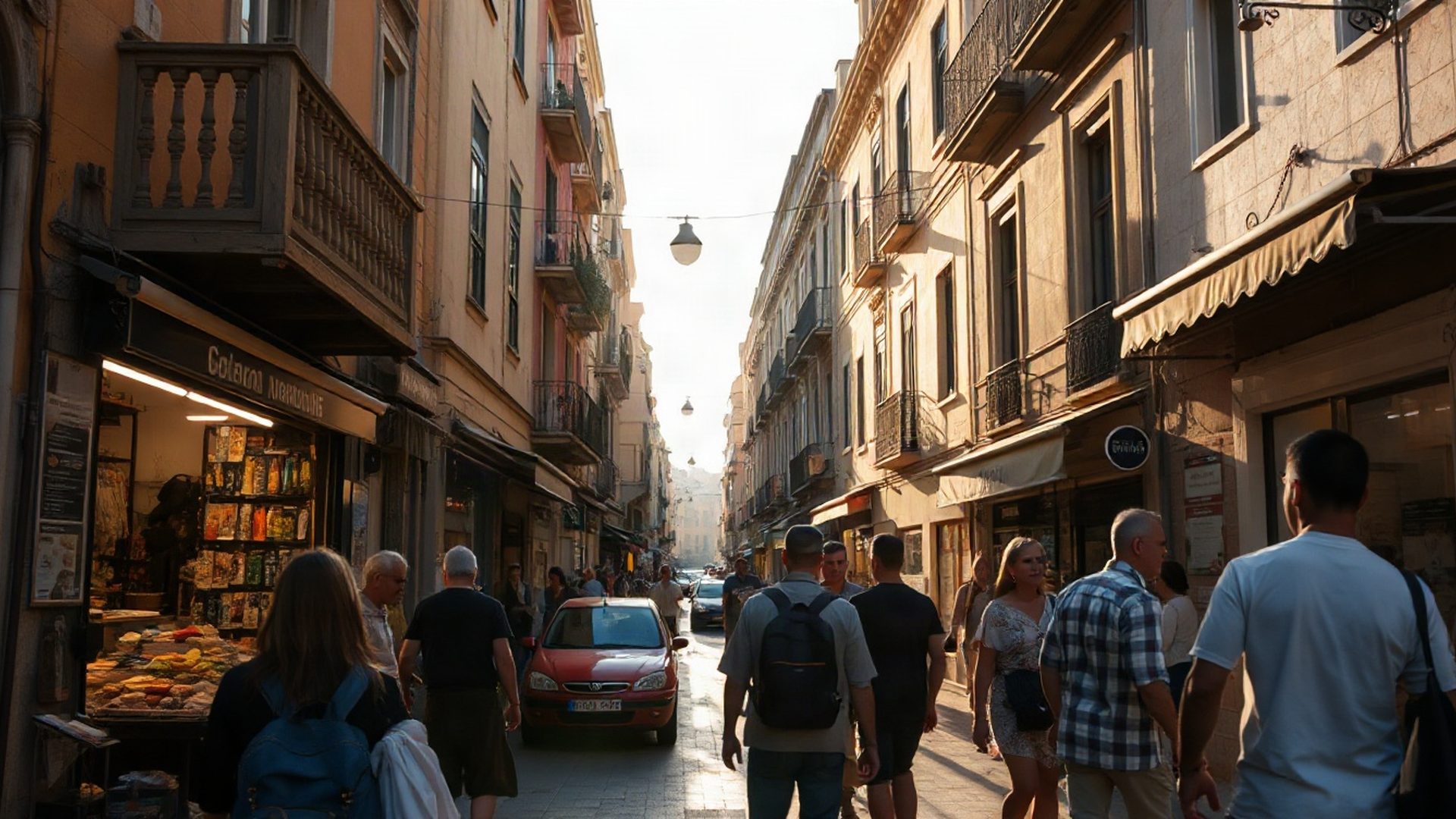 Calle comercial de Málaga con luz cálida mediterránea y pequeños comercios de barrio