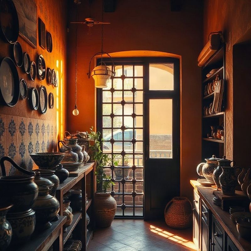 Interior de un taller artesano malagueño con luz cálida y tonos ocre e índigo