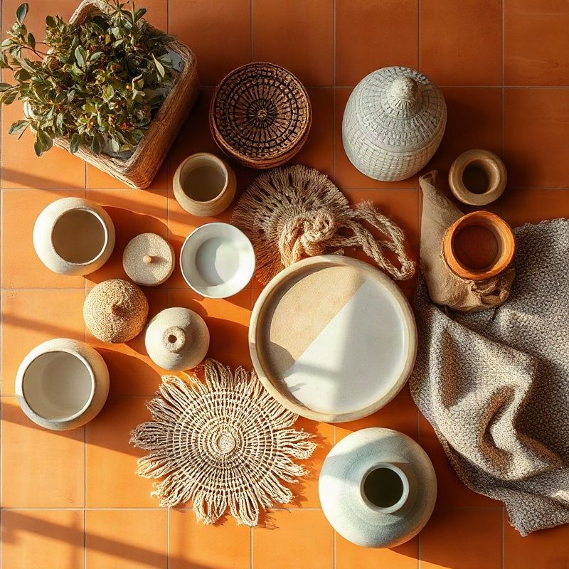 Flat lay de productos artesanos malagueños — cerámicas, textiles y objetos de olivo — sobre azulejo terracota