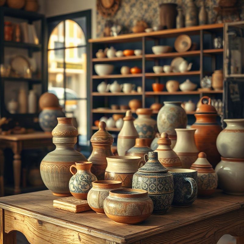 Productos cerámicos artesanos dispuestos sobre una mesa de madera en una tienda malagueña