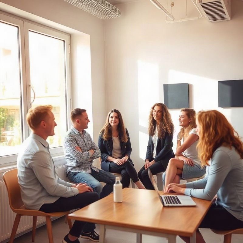 Equipo de seis profesionales de Orbitcriver conversando en un espacio coworking en Málaga