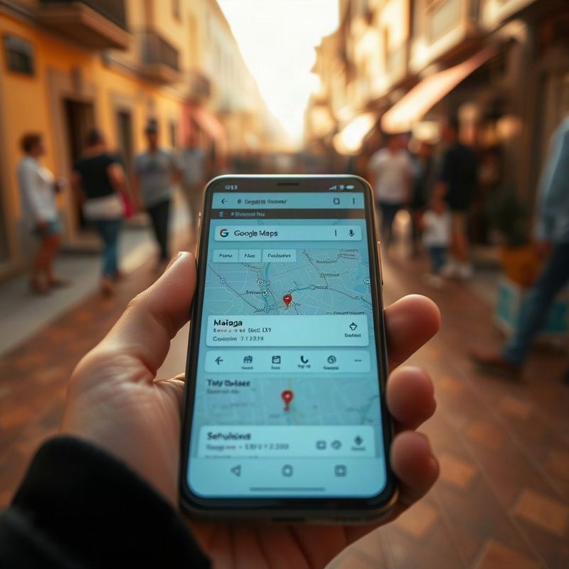 Primer plano de un smartphone mostrando una búsqueda local en Google Maps de Málaga